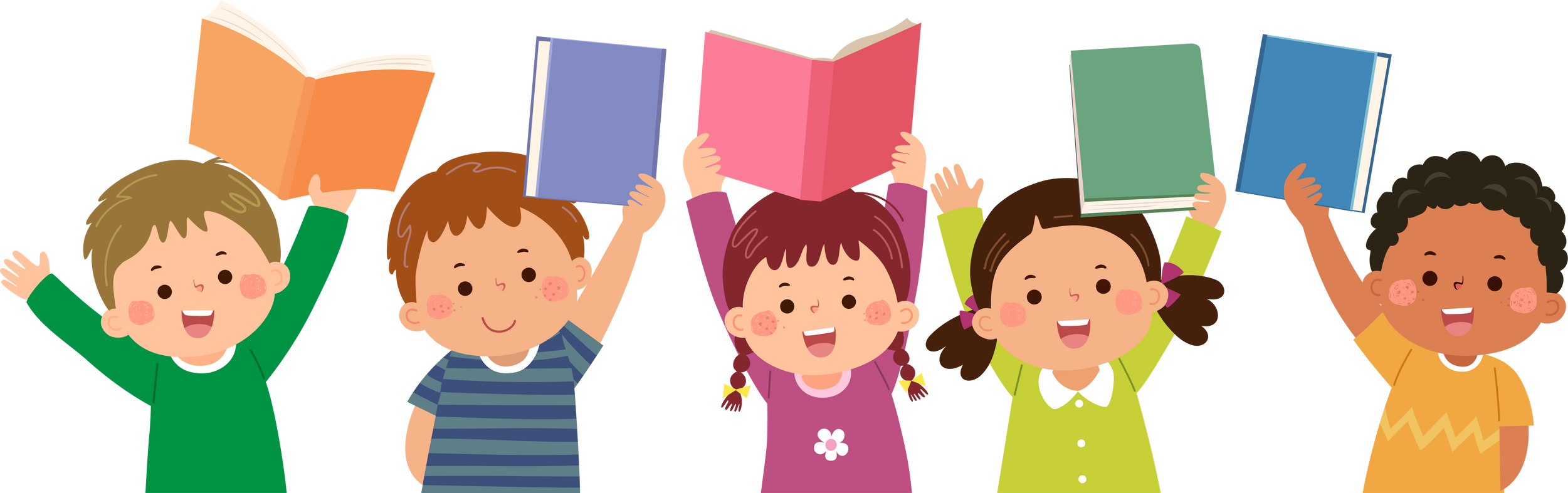 Cartoon children showing books over their heads